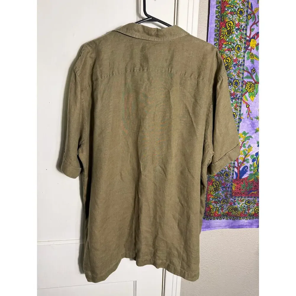 Banana Republic 100% Linen Shirt Mens L Olive Green Camp Collar Short Sleeve